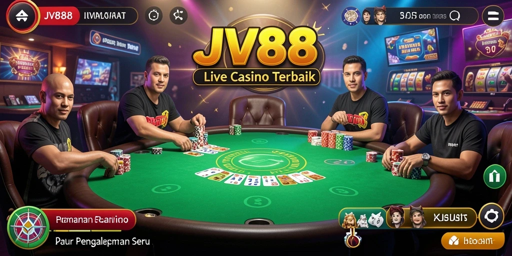 Screenshot utama JV88 menampilkan dealer Live Casino sedang beraksi di meja permainan.