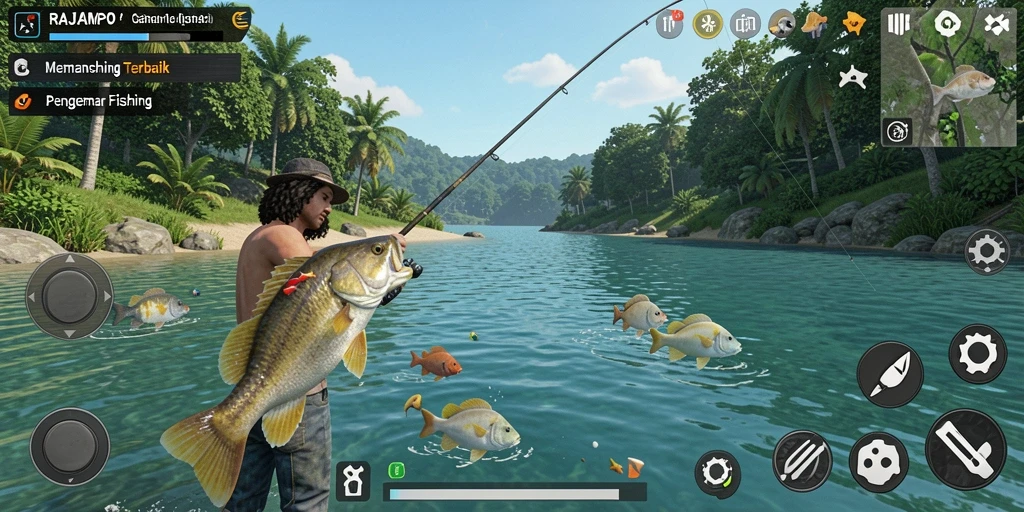 Screenshot gameplay RAJAMPO menampilkan aksi memancing yang mendebarkan.