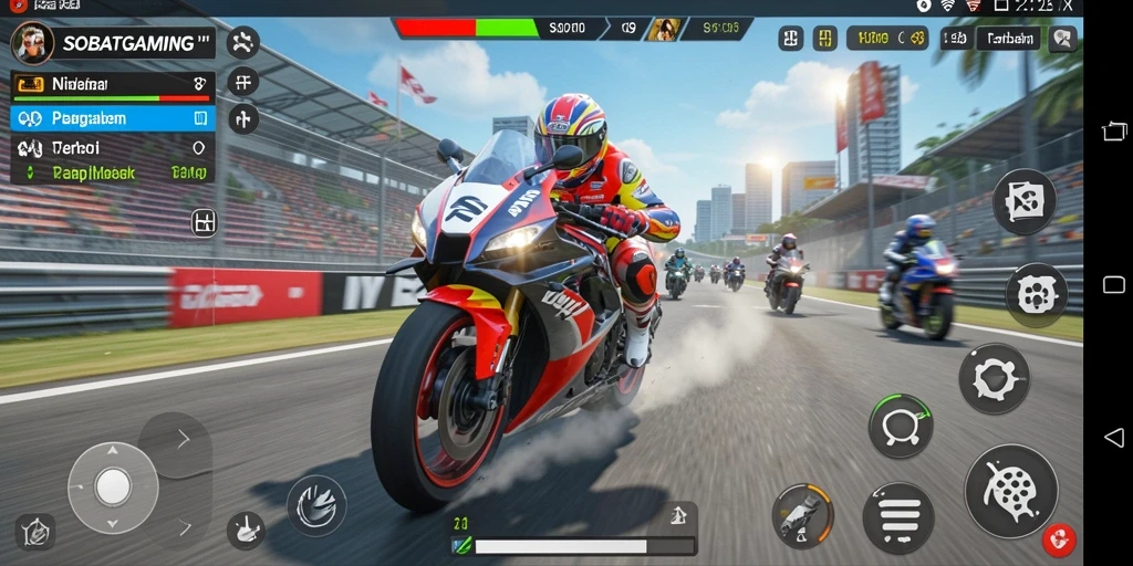 Screenshot utama menunjukkan balapan motor yang mendebarkan dengan grafis menawan.